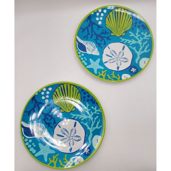 Sea Life Melamine 10.5" Dinner Plates Set of 6 Starfish Shells Coral Beach Pool - Picture 3 of 11